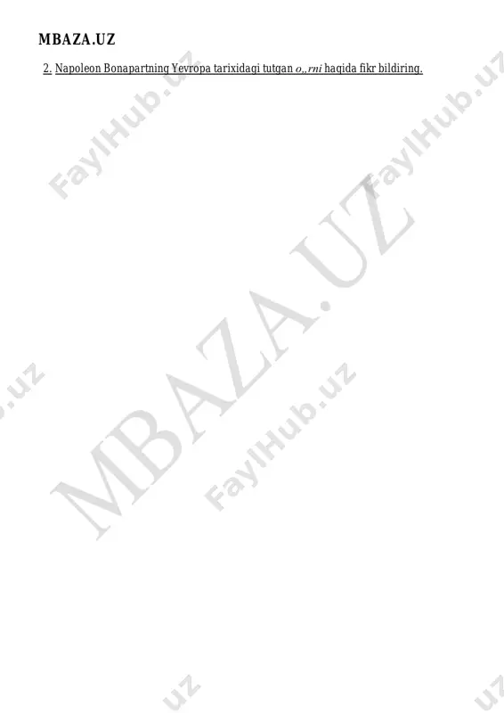ini himoya qilgan, sanoat va savdoning rivojlanishiga katta eʼtibor bergan. 1800 yil fransuz bankiga asos solgan. 3. “miniatura” atamasiga izoh bering. miniatura (frans. miniature; lot. minium — qizil boʻyoq) — badiiy usullari oʻta nafis boʻlgan kichik hajmli (moʻʼjaz) tasviriy sanat asarlari. oʻrta asr qoʻlyozmalarini ziynatlash uchun yaratilgan nafis moʻʼjaz rasmlar, shuningdek, suyak, pergament, magʻzi soxta (toshqogʻoz), metall, chinni, baʼzan maishiy buyumlar (tamakidon, soat, uzuk va boshqalar)ga ishlangan kichik hajmdagi rangtasvirga ham m. atamasi qoʻllanadi 2- bilet 1. ilk o„rta asrlardagi xorazm va xioniylar davlatini taqqoslang. xorazm davlatining tashkil topishi. zaiflashib borayotgan qang‗ davlatidan birinchi bo‗lib xorazm ajralib chiqadi. uni mahalliy afrig‗iylar sulolasiga mansub xorazmshohlar idora qila boshlaydi. iii asr o‗rtalarida xorazm davlatining poytaxti hozirgi qoraqalpog‗istonning ellikqal‘a tumanida joy lashgan qadimgi tuproqqal‘a shahar xarobasining o‗rnida bo‗l gan. milodiy 305-yilda xorazmshoh afrig‗ o‗z qarorgohini xo razm ning qadimgi kat shahriga ko‗chiradi. kat qayta tik- lanib, shoh o‗ziga yangi saroy qurdiradi. 305-yildan boshlab, …