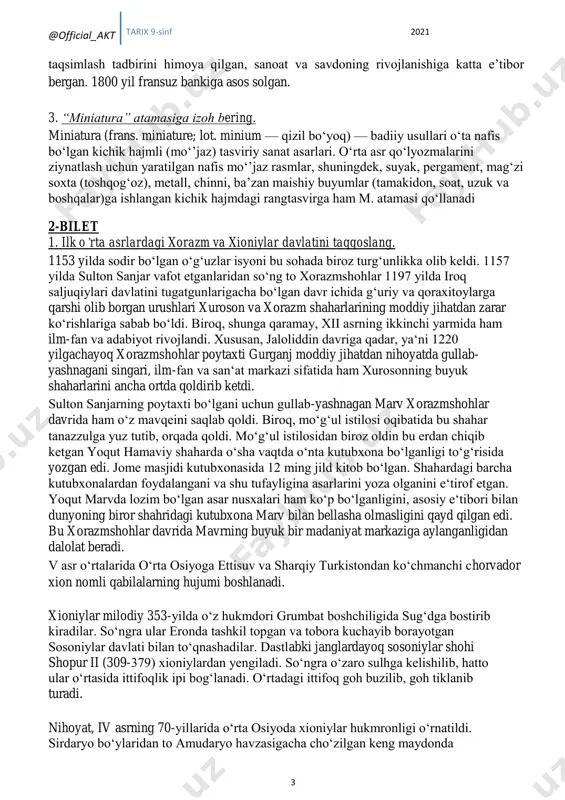 /somoniylar https://uz.wikipedia.org/w/index.php?title=abuali_simjur&action=edit&redlink=1 https://uz.wikipedia.org/w/index.php?title=foiq&action=edit&redlink=1 https://uz.wikipedia.org/wiki/buxoro https://uz.wikipedia.org/w/index.php?title=koshg%ca%bbar&action=edit&redlink=1 @official_akt tarix 9-sinf 2021 3 taqsimlash tadbirini himoya qilgan, sanoat va savdoning rivojlanishiga katta eʼtibor bergan. 1800 yil fransuz bankiga asos solgan. 3. “miniatura” atamasiga izoh bering. miniatura (frans. miniature; lot. minium — qizil boʻyoq) — badiiy usullari oʻta nafis boʻlgan kichik hajmli (moʻʼjaz) tasviriy sanat asarlari. oʻrta asr qoʻlyozmalarini ziynatlash uchun yaratilgan nafis moʻʼjaz rasmlar, shuningdek, suyak, pergament, magʻzi soxta (toshqogʻoz), metall, chinni, baʼzan maishiy buyumlar (tamakidon, soat, uzuk va boshqalar)ga ishlangan kichik hajmdagi rangtasvirga ham m. atamasi qoʻllanadi 2-bilet 1. ilk o‟rta asrlardagi xorazm va xioniylar davlatini taqqoslang. 1153 yilda sodir bo‗lgan o‗g‗uzlar isyoni bu sohada biroz turg‗unlikka olib keldi. 1157 yilda sulton sanjar vafot etganlaridan so‗ng to xorazmshohlar 1197 yilda iroq saljuqiylari davlatini tugatgunlarigacha bo‗lgan davr ichida g‗uriy va qoraxitoylarga qarshi olib borgan urushlari xuroson va xorazm shaharlarining moddiy jihatdan zarar ko‗rishlariga sabab bo‗ldi. biroq, shunga qaramay, xii asrning ikkinchi yarmida ham …