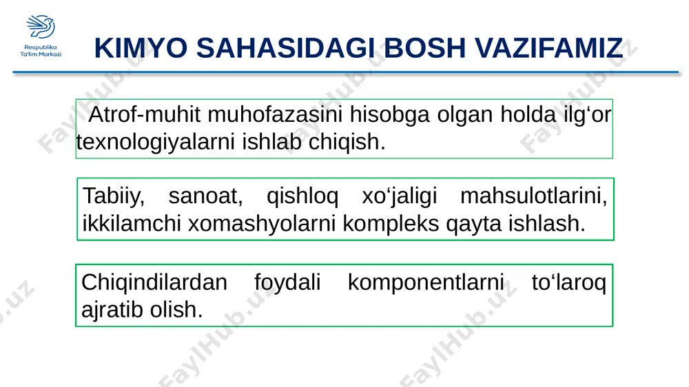 , vodorod manbai - tabiiy gaz metan - ch4. gazlarning dastlabki aralashmasi n2 ning 1 hajmining uch hajmli h2 nisbatida olinadi. ammiak sintezining reaksiyasi o'zgaruvchan, ekzotermik, gomogen. reaksiya 450-5000c haroratda, temir fe, kaliy oksidlari k2o va alyuminiy al2o3 bilan aralashtirilgan katalizator yordamida amalga oshiriladi. keys. ammiak ishlab chiqarish. keyinchalik ammiak nitrat kislotasini ishlab chiqarish uchun ishlatiladi, u o‘g‘itlar, dorilar, bo‘yoqlar, plastmassalar, sun’iy tolalar va portlovchi moddalarni ishlab chiqarish uchun ishlatiladi. ammiakning katta miqdori azotli o‘g‘it bo‘lgan karbamid ishlab chiqarishga sarflanadi. vazifa: ushbu materialdan foydalanib, jadvalni to'ldirib ammiak ishlab chiqarish jarayonlarini eslang va yozing: mavzuni mustahkamlash vazifa: ushbu materialdan foydalanib, jadvalni to‘ldirib ammiak ishlab chiqarish jarayonlarini eslang va yozing: ishlab chiqarish yo‘nalishi xomashyo kimyoviy jarayonlar ammiak ishlab chiqarish mavzuni mustahkamlash vazifa: ushbu materialdan foydalanib, jadvalni to‘ldirib, shisha ishlab chiqarish jarayonlarini eslang va yozing ishlab chiqarish yo‘nalishi xomashyo kimyoviy jarayonlar shisha ishlab chiqarish e’t i b o r i n g i …