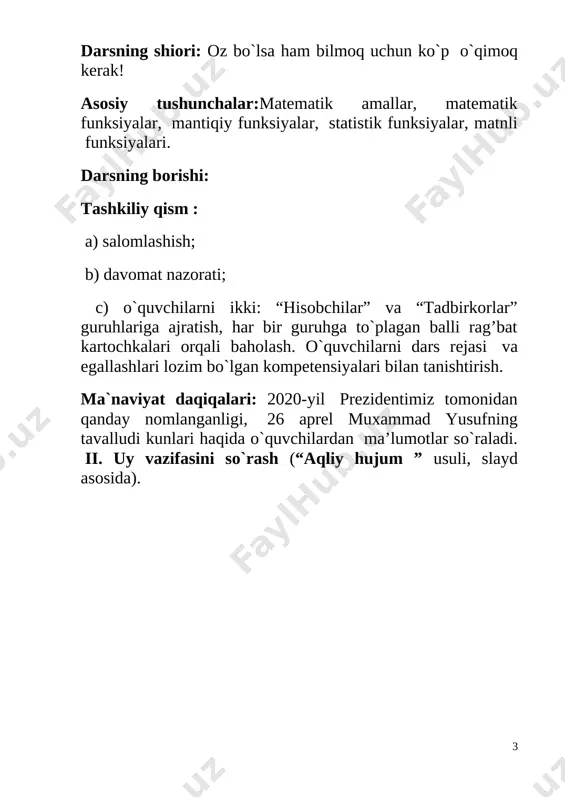 g4 katakchaga “=c4*e4” formulani kiritamiz; 6) c4:g4 blokini belgilab, blokning o‘ng quyi burchagidagi ■ belgisidan sichqoncha yordamida g ustun bo‘yicha pastga tortib nusxalaymiz; 7)katakchalarni katakcha formati orqali ranglar bilan bezaymiz. tekshirib ko‘rish mumkinki, e3 katakchadagi qiymatni o‘zgartirsak, g ustundagi qiymatlar karra jadvaliga mos ravishda o‘zgaradi. excel elektron jadvali matematik formulalar bilan ishlash uchun keng imkoniyat ochib beradi. shulardan biri funksiyalar to‘plamining mavjudligidir. excel funksiyalar to‘plamida 400 dan ortiq funksiya bo‘lib, ular matematik, mantiqiy, statistik, matn, moliya va boshqalar. funksiyalar videorolik orqali namoyish etiladi. [image: http://ustoz-info.uz/uploads/images/rasm9.jpg] [image: http://ustoz-info.uz/uploads/images/rasm10.jpg] [image: http://ustoz-info.uz/uploads/images/rasm11.jpg] [image: http://ustoz-info.uz/uploads/images/rasm11.jpg] [image: http://ustoz-info.uz/uploads/images/rasm12.jpg] [image: http://ustoz-info.uz/uploads/images/rasm13.jpg] [image: http://ustoz-info.uz/uploads/images/rasm14.jpg] [image: http://ustoz-info.uz/uploads/images/rasm15.jpg] iv. yangi mavzuni mustahkamlash: darslikdagi mashqlarni kompyuterda, doskada bajarish. “klaster” usuli i-guruhga:matematik va mantiqiy funksiyalar turlarini ; ii-guruhga: statistik va matnli funksiyalar turlarini yozish topshirig`i beriladi. [image: http://ustoz-info.uz/uploads/images/rasm16.jpg] [image: http://ustoz-info.uz/uploads/images/rasm17.jpg] [image: http://ustoz-info.uz/uploads/images/rasm18.jpg] [image: http://ustoz-info.uz/uploads/images/rasm19.jpg] aqlni charxlash (slayd orqali namoyish etiladi). o`quvchilarni baholash: g`olib guruh aniqlanib, o`quvchilar rag`batlantiriladi. v.dars yakunlanadi , uyga …