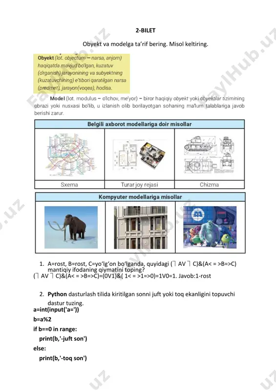 ash tilida uzunliklari orqali berilgan a,b,c uchta kesmadan uchburchak hosil qilish mumkin yoki mumkin emasligini aniqlovchi dastur tuzing. a=int(input('a=')) b=int(input('b=')) c=int(input('c=')) if a+b>c and b+c>a and a+c>b: print('mavjud') else: print('mavjud emas') 12-bilet 1. tarmoqlanuvchi algoritm haqida tushunchasiga izoh bering va hayotiy misollar keltiring. 2. agar a=yolg‘on, b= “ “=>” bu ekvivalensiya amali”, c= “mantiqning o‘rganish obyektini tafakkur tashkil etadi”, d=rost bo‘lsa, quyidagi amallarni bajaring. (a c)&(b=>d)va (a c)&(b=>d)va=(0 1)&(0=>1)v0=0&1v0=0v0=0 3. python dasturlash tilida birinchi 1000 ichidagi tub sonni chiqaruvchi dastur tuzing. for a in range(2,1000): b=0 c=[x for x in range(1,a+1) if a%x==0] if len(c)==2: print(a,'tub son') 13-bilet 1. takrorlanuvchi algoritm tushunchasi haqida ma’lumot bering. 2. a(&⏋b)v⏋a mantiqiy mulohaza uchun rostlik jadvalini tuzing. a b /a /b a&/b a&/bv/a 1 1 0 0 0 0 1 0 0 1 1 0 0 1 1 0 0 0 0 0 1 1 0 0 3. berilgan so‘zdagi harflarni ikkidan chiqarib, a …