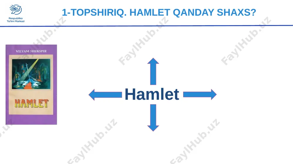 imsoli edi 6-topshiriq hamlet odam uchun yashash o‘lishdan mushkul ekanini anglab yetadi. chindan ham, o‘limga yetib borish uchun juda uzun yo‘l bosish shart emas. xanjarning birgina zarbi bilan inson o‘z hayotiga nuqta qo‘yishi mumkin. lekin hamlet biladiki, o‘lim ba`zan yechim berish, aniqlik kiritish, masalani hal etish o‘rniga uni yanada chigallashtirishi mumkin. u aql kishisi, uyg‘onish davrining insonparvar bir vakili sifatida eng muhim masalalarning yechimini topishga urinadi. e’tiboringiz uchun rahmat! image11.png image12.png image13.png image14.png image15.jpeg image16.jpeg image17.png image18.png image19.png