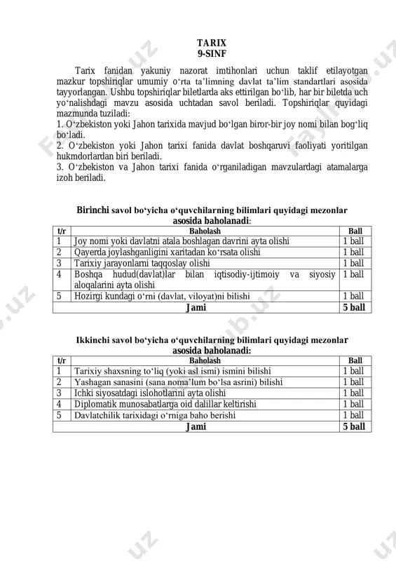 tomonidan tasdiqlanadi. tarix 9-sinf 1-bilet 1. qoraxoniylar davlati. 2. napoleon bonapartning yevropa tarixidagi o‘rni haqida fikr bildiring. 3. “miniatura” atamasiga izoh bering. 2-bilet 1. ilk o‘rta asrlarda xioniylar davlati. 2. amir temur hamda uning dunyo tarixidagi o‘rni haqida mulohaza qiling. 3. “oligarxiya” atamasiga izoh bering. 3-bilet 1. somoniylar davlati. 2. buyuk karlning harbiy yurishlari. 3. “kartel” atamasiga izoh bering. 4-bilet 1. turk xoqonligi. 2. pyotr i ning rossiya tarixidagi o‘rni haqida fikr bildiring. 3. “demobilizatsiya” atamasiga izoh bering. 5-bilet 1. qadimgi xorazm davlati. 2. ivan grozniyning rossiya tarixidagi o‘rni haqida fikr bildiring. 3. “parij kommunasi” atamasiga izoh bering. 6-bilet 1.qadimgi mesopatamiya . 2.amir nasrulloxon haqida ma’lumot bering. 3.“shovinizm” atamasiga izoh bering. 7-bilet 1. arab xalifaligi. 2. amir olimxonning qo‘qon xonligi tarixidagi o‘rni haqida fikr bildiring. 3. “to‘rtlar ittifoqi” atamasiga izoh bering. 8-bilet 1. fors podsholigi. 2. mirzo ulug‘bekning davlat boshqaruvi va ilm-fandagi faoliyati. . 3. “anarxizm” atamasiga izoh bering. 9-bilet …