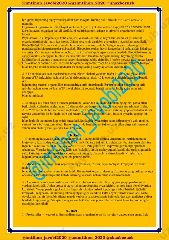 deb ataladi. biogeotsenozdagi hayot jarayonlarini tashqaridan keladigan energiya ta’- minlagani uchun uni ochiq, o‘zini o‘zi boshqaradigan sistema deyiladi. biogeotsenozning asosiy vazifasi energiyani to‘plash va taqsimlashdir. biosfera. sayyoramizdagi hayotning barcha ko‘rinishlarini qamrab olgan, ancha yuqori darajadagi tabiiy tizimdir. biosfera yerdagi turli-tuman hayot ko‘rinishlarini qamrab oladi. biosfera bosqichida sayyoramizdagi tirik organizmlarning hayot faoliyati bilan bog‘liq ravishda barcha moddalar va energiyaning davriy aylanishi kuzatiladi. 2 )atf molekulasi azot asoslaridan adenin, riboza shakari va uchta fosfat kislota qoldig‘idan tashkil topgan. atf tarkibidagi uchinchi fosfat kislotaning ajralishi 40 kj energiya chiqishiga imkon beradi. atf hujayraning maxsus organoidlari mitoxondriyalarda sintezlanadi. bu organoidlar hujayraning turli qismlari uchun zarur bo‘lgan atf molekulalarini yetkazib beradi va hayot faoliyati jarayonlarini energiya bilan ta’minlaydi. 3 ) kolbaga suv bilan birga bir necha pichan bo‘laklaridan solinadi va kolbaning og‘zini paxta bilan berkitiladi. kolbadagi aralashmani 15 daqiqa davomida qaynatiladi. qaynatilgan aralashmani filtrlab 20—25°c haroratda bir necha kun saqlanadi. hosil bo‘lgan aralashmani sirtidagi yupqa …