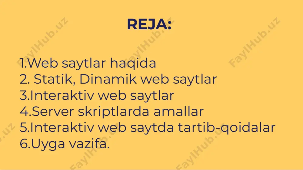 iyasi uchun barcha axborot tegishli ma’lumotlar omboridan olinadi. ma’lumotlar ombori maxsus server kompyuterlarida turli ko‘rinishda saqlanadi; ko‘pincha web-saytlarda ruxsatni cheklash elementlaridan foydalaniladi. bu cheklashlar turli mijozlar uchun turlicha bo‘lishi mumkin. oddiy mijozlar web-saytni faqat ko‘rib chiqish, boshqalari esa o‘zgartirishlar kiritish imkoniyatiga ega bo‘ladilar. bunda identifikatsiyalash (lotin. identifico — tenglashtirmoq, bir xil deb hisoblamoq), ya’ni login (foydalanuvchi identifikatori nomi) va parol (frans. parole — so‘z) elementlaridan foydalaniladi (quyidagi rasmlarga qarang); web-saytda ma’lumotlarning qidiruv tizimi mavjud bo‘ladi. dinamik web-saytlar javascript, php, perl va shu kabi juda ko‘p tarqalgan va umumiy e’tirof etilgan dasturlash tizimlari yordamida ishlab chiqilib, ular yordamida server skriptlari yozi- ladi. ushbu dasturlash tillari ixtiyoriy murakkablikdagi saytlarni mukammal darajada tayyorlash imkonini beradi. ammo, bu vazifani bajarishda chuqur malaka talab etilgani uchun das-turchilar tomonidan amalga oshiriladi. 1. web sayt nima? 2. interaktiv web-sayt nima? 3. https://my.gov.uz/ qanday sayt? 4. login va parolning qo`llanishi lozim bo`lgan web-sahifalar haqida so`zlab bering. mavzu yuzasidan …