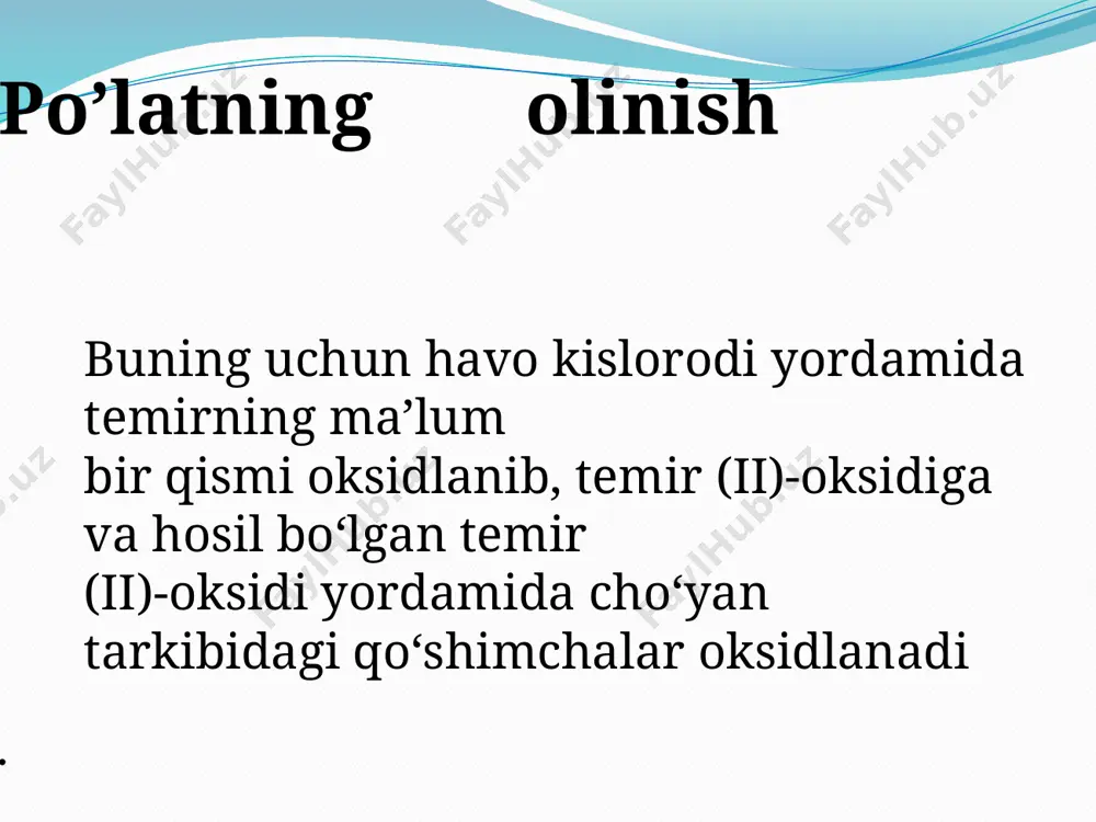 lib (ugle rod va boshqa qo‘shimchalar tutmaydi), marten va elektr pechlarida po‘lat va kukunsimon po‘lat olishda keng qo‘lla nilmoqda. òemir rudalaridan kokssiz temir olish usuli qora metal lur- giyada yangi chiqindisiz texnologiyalar qo‘llashga misol bo‘ladi. bunda sezilarli darajada suv sarfi va oqova suvlar miqdori ham da qattiq chiqindilar va atmosferaga chiqariladigan gazlar miqdori ham kamayadi. mustahkamlash: 1. flyuslar nima va ularning vazifasi nimadan iborat? 2. cho‘yanning turlarini aytib bering. kundalik turmushda ishlatilishiga misollar keltiring. 3. po‘latdan tayyorlangan qanday buyumlarni bilasiz? uyga vazifa: 37- mavzuni o’qib, 171-172 betdagi masala va mashqlar yechish. 1- misol. yuqori oksidi e 2 o 5 bo‘lgan kimyoviy elementning vodorodli birikmasi tarkibida 8,8 % vodorod bo‘ladi. ushbu elementni aniqlang. e’tiboringiz uchun rahmat