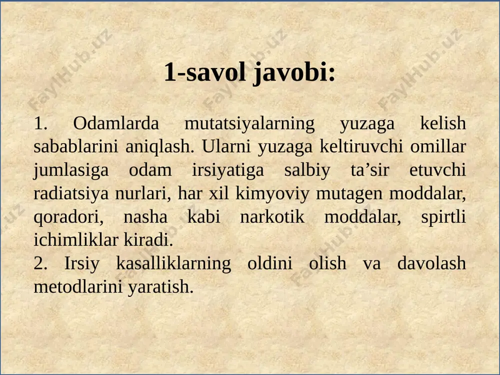 ha ko‘paytirilgan. n.vavilov kolleksiyasining subtropik o‘simliklariga tegishli juda katta qismi o‘zbekiston o‘simlikshunoslik institutida hozirgi kunda ham saqlanmoqda va undan yangi navlarni yaratishda foydalanilmoqda. rossiyada saqlanayotgan kollek-siya 320 ming dan ortiq namunalarni o‘z ichiga olib, 1041 o‘simlik turlariga mansub. bularga yovvoyi turlar, madaniy o‘simliklarning avlodlari, eski mahalliy navlar kiradi. dunyo genofondidan olimlar xo‘jalik jihatdan qimmatli hisoblangan belgilarning genetik manbalarini tanlab oladilar. bularga hosildorlik, tezpisharlik, kasalliklar va zararkunandalarga, qurg‘oqchilik va boshqa ta’sirlarga chidamlilik belgilarini misol qilib ko‘rsatish mumkin. zamonaviy genetika uslublari, o‘simliklar seleksiyasida misli ko‘rilmagan yutuqlarga erishishga imkoniyat yaratadi. masalan, yovvoyi g‘o‘za qimmatli genlari asosida yaratilgan “toshkent” navlari o‘z vaqtida vilt kasalligiga chidamli eng yaxshi nav hisoblangan. uyga vazifa: 1. seleksiyaning asosiy vazifalari nimalardan iborat? 2. madaniy o‘simliklarning kelib chiqish markazlarini sanang. 3. janubiy - g‘arbiy osiyo markazi qaysi o‘simliklarning markazi hisoblanadi? 4. o‘zbekiston madaniy o‘simliklar kelib chiqish markazlarining qaysi biriga kiradi? image1.jpeg image2.jpg image3.jpeg image4.jpg image5.jpeg image6.jpeg image7.jpeg image8.jpeg image9.jpeg image10.jpeg …