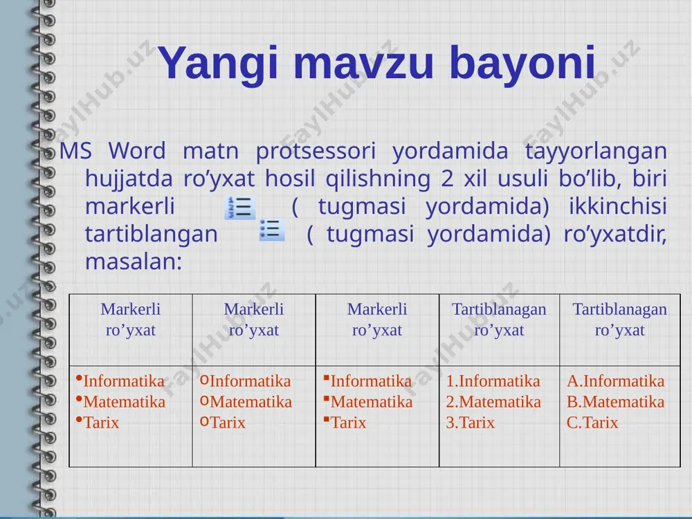 ing. grafik tasvirli ro ‘yxatni tashkil etish jarayonini izohlab bering. grafik markerli ro'yxat qanday tashkil etiladi? ta ’riflar ro ‘yxati haqida so ‘zlab bering. v. uyga vazifa rim raqamlari ishtirok etgan ro'yxat hosil qiling. tartibi 9 dan boshlanadigan ro'yxat hosil qiling. tabaqalashgan ro'yxat hosil qiling va izohlang. 5-maktab informatika fani o`qituvchisi: a. b. o`ralov 5-maktab informatika fani o`qituvchisi: a. b. o`ralov image2.png image3.png image4.png image5.png image6.png image7.png image8.png image9.png image10.png image11.gif image12.png image13.png image14.gif image1.jpeg