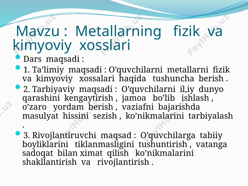 aktik o’yinlardan foydalanib dars o’tish , o’quvchilarda kimyo faniga mehr , qiziqish uyg’otmoqda . chunki bu o’yinlar juda sodda bo’lib o’quvchilarning ishtiyoq bilan kimyoviy bilimlarni o’zlashtirib olishlariga , fikrlash doirasining kengayishi va bilimlarini mustahkamlashga olib kelmoqda . o’qituvchi darsga qiziqtiradi , mavzuni to’liq yoritadi , amaliy-laboratoriya mashg’ulotlariga tayyor lanadi va bajaradi , guruhlarda va yakka holda ishlashni tashkil qiladi , mavzu yuzasidan asosiy tushuncha va xossalarni yetkazadi , o’quvchilar bergan savollariga javob bera oladi , oqilona baholaydi maqsadga erishadi. o’quvchi mavzu bo’yicha yetarli bilim , ko’nikmalarna oladi , laborotoriya ishi mazmuni bilan tanishadi va uni mustaqil bajaradi , tajriba o’tkazib , uni tahlil qilishni o’rganadi , xulosa- laydi mater iallar bilan yakka va guruhlarda ishlash malakasiga ega bo’ladi , mustaqil fikrlaydi , mavzuni o’zlashtiradi . barchangizga omad ! e’tiboringiz uchun rahmat ! image2.wmf image3.png image4.png