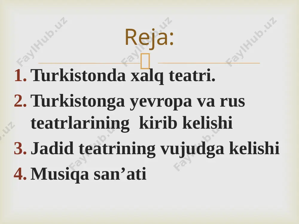 im tashkil qilgan? 2. birinchi o`zbek teatr aktrisasi kim bo`lgan? 3. “padarkush” dramasining muallifi kim bo`lgan? 4. xudoybergan devonov haqida esse yozing! savol va topshiriqlar:  e`tiboringiz uchun rahmat!  image8.png image9.png image10.png image11.png image12.png image13.png image14.png