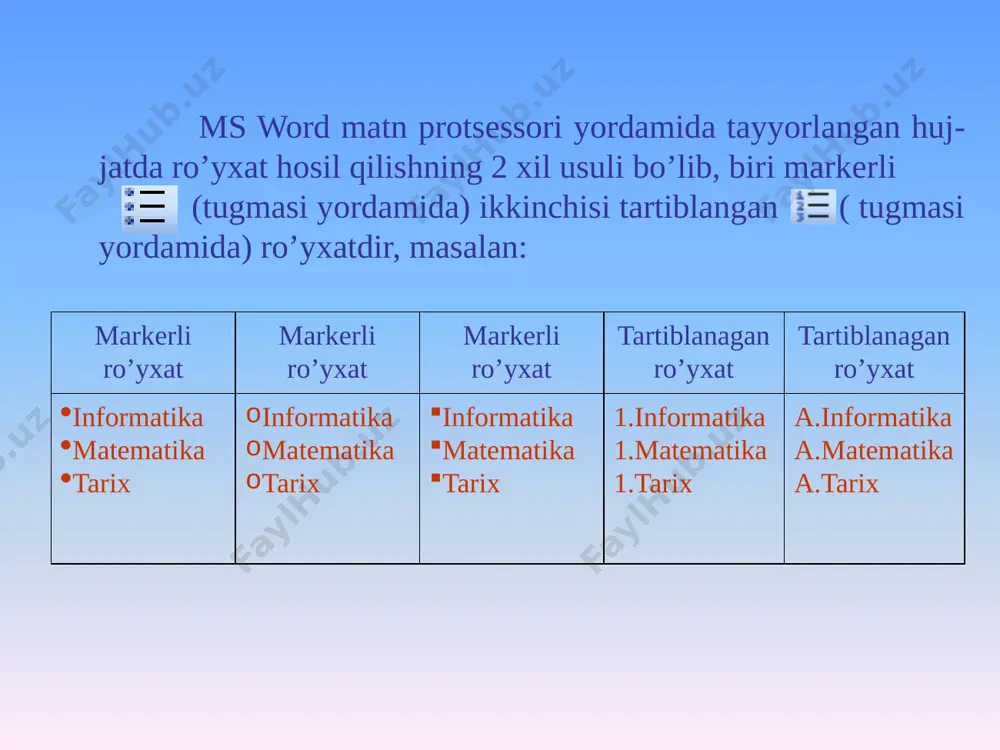 . tarix 2-mashq.tartibi 9 dan boshlangan ro’yxat hosil qiling. informatika matematika tarix 9. informatika 10. matematika 11. tarix uyga vazifa: tabaqalashgan ro’yxat hosil qiling va izohlang. image1.png image2.png image3.png image4.png image5.png image6.png image7.png image8.png