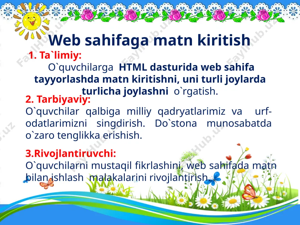 keyin probel bilan ajratib. parametrlarga qiymat kiritilishi lozim bo’lsa, u tenglik belgisidan keyin qo’shtirnoq ichida yoki qo’shtirnoqsiz yoziladi. “mening oilam yaratish” nomli web sahifada “maktab” nomi turli shriftlarda hosil qilish. bloknot dasturiga quyidagi dasturni kiritamiz va uni “uychi xtb.html” nom bilan saqlash mustahkamlash uchun test savoli. 1 web sahifada shrift pog`analari nechta. a) 6 ta b) 7 ta c) 2 ta d) 5 ta javob: a mustahkamlash uchun test savoli. 2 web sahifada shrift parametri tegni toping. a) b) c) d) javob: d mustahkamlash uchun test savoli. 3 web sahifada matnni qalin shriftda yozish tegni toping. a) b) c) d) javob: c savol mustahkamlash uchun test savoli. 4 web sahifada matnni tagiga chizib shriftda yozish tegni toping. a) b) c) d) javob: a mustaqqil ish mening maktabim nomli sahifa yaratish uyga vazifa: web sahifa tayyorlash. image3.wmf audio1.wav image4.jpeg image5.gif image6.gif image7.gif image8.gif image9.gif image10.png image11.png image12.png image13.png image14.png image15.png image16.gif …