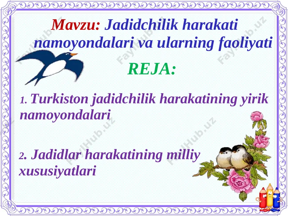 axo’ja asadullaxo’jayev. xivada bobooxun salimov, polvonniyoz hoji yusupov. buxoroda abdurauf fitrat, sadriddin ayniy, fayzulla xo’jayev. farg’ona vodiysida hamza hakimzoda niyoziy, obidjon mahmudov, abdulhamid cho’lpon, is’hoqxon ibrat. u 1875-yil 19-yanvar kuni samarqand yaqinidagi baxshitepa qishlog’ida tug’ilgan. dastlab samarqand, so’ngra buxoro madrasalarida tahsil olib, imom-xatib, qozi, keyin muftiy darajasigacha ko’tarildi. behbudiy o’zrta osiyo jadidchilik asoschisi va yo’lboshchisi edi. shuning uchun ham ,,o’rta osiyo jadidlar otasi” nomini oldi. turkistonda ma’rifatparvarlik harakatining rivojlanishiga katta hissa qo’shgan shaxs hisoblanadi. behbudiyning tashabbusi bilan otasining sharafiga ,,behbudiya kutubxonasi” deb atalgan kutubxona tashkil etilgan. (1875-1919) turkiston o’lkasida ozodlik, millat kelajagi uchun kurashgan ma’rifiy, siyosiy arbob, jadidchilik harakatining yirik namosoydalaridan biri. 1904-yildan boshlab o’lkadagi ijtimoiy-siyosiy, ma’rifiy harakatlarning faol ishtirokchisi. u jadid maktablari ochilishining tashabbuskori va amaliyotchisi milliy gazeta va hurnallari asoschisi, muharrir hamda jadid teatri targ’ibotchisi bo’lgan. munavar qori maktablar uchun ,,adibi avval” ,,adibi soniy” ,,yer yuzi” kabi darsliklarni yaratdi. munavvar qodir abdurashidxonov (1878-1931) abdulla avloniy 1878-yil toshkent shahrida …