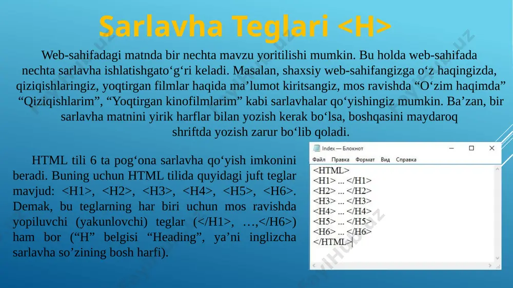 adi! realist bo’linglar :) uyga vazifa: birinchi teglar qachon va kim tomonidan ixtiro qilingan? birinchi web-sayt qachon ixtiro qilingan va nomi nima? htmlda abzas qaysi teg yordamida belgilanadi? htmlda qaysi teg matnni yangi satrga o’tkazadi? matn qalin, og’ma, tagchiziqli shriftda yozilishiga misollar yozing. web-sahifada matnni tekishlash usullariga misollar yozing. web-brauzer matnni formatlamasligi uchun qanday teg ishlatiladi? etiboringiz uchun rahmat! image1.emf image2.png image3.png image4.png image5.png image6.png image7.png image8.png image9.png image10.png image11.png image12.png image13.png image14.png image15.png image16.png