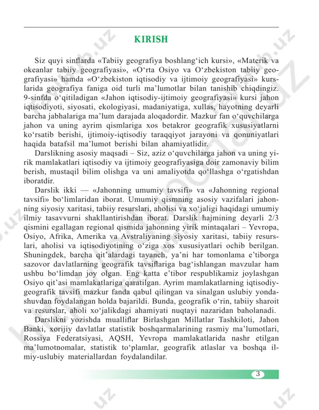 en davlat mavjud. bulardan 193 tasi bmtning faoliyatida a’zo davlatlar sifatida, 1 tasi (vatikan) esa kuzatuvchi-davlat bo‘lib ishtirok etmoqda. davlatlar bir-biridan turli xususiyatlari bilan ajralib turadi. bun- day muhim jihatlaridan biri hududning kattaligi hisoblanadi. jahondagi 29 ta mustaqil davlatning maydoni 1 mln km2 dan katta bo‘lib, jumladan 12 tasining hududi 2 mln km2 dan, 6 tasining maydoni 5 mln km2 dan kat- tadir. shu bilan birga dunyodagi davlatlar orasida bir guruh hududiy jiha- tidan mayda, yoki «mitti» davlatlar ham o‘ziga e’tibor tortadi (1-jadvalga qarang). jahonning siyosiy xaritasida maydoni 1 ming km2 ga yetmaydi- gan 24 ta mustaqil davlat bor. bunday davlatlar turli qit’alarda, xususan yevropada (vatikan, monako, san-marino, lixtenshteyn va boshqalar), osiyoda (maldiv respublikasi, singapur, bahrayn), amerikada (sent-kits va nevis, grenada, barbados va boshqalar), okeaniyada (nauru, tuvalu, marshall orollari va boshqalar) joylashgan. davlatlar geografik o‘rni nuqtayi nazaridan, birinchi navbatda, dengiz- ga chiqish imkoniyatiga ega hamda bunday imkoniyati yo‘q davlatlarga bo‘linadi. …