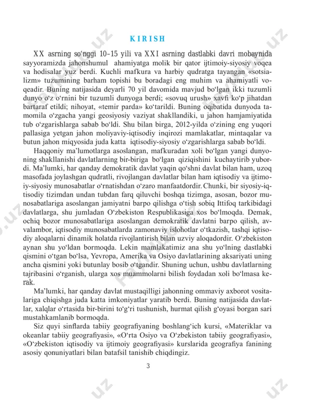 olishi bilan ahamiyatlidir. darslikning asosiy maqsadi siz, aziz o‘quvchilarga dunyo mamlakatlari iqtisodiy-ijtimoiy geografiyasiga doir chuqur bilim berish, o‘quvchilarni mustaqil bilim olishga va uni amaliyotda muvaffaqiyatli qo‘llashga o‘rgatishdan iboratdir. darslikni unga mo‘ljallab tayyorlangan «jahon iqtisodiy-ijtimoiy geografiya- si» geografik «atlas»i bilan birga taqdim etilishi maqsadga muvofiqdir. ushbu «atlas»da darslikda keltirilgan deyarli barcha mavzular bo‘yicha xaritalar be- rilgan. darslik bilan unga mo‘ljallab tuzilgan yozuvsiz xaritalardan foydalangan holda ishlash o‘quv mashg‘uloti samaradorligini yana ham oshiradi. yozuvsiz xaritada darslikdagi barcha mavzular bo‘yicha topshiriqlar tavsiya etilgan. darslik ikki – «umumiy» va «regional» qismlardan iborat bo‘lib, u 68 so- atga mo‘ljallangan. shundan 25 soat «umumiy» qismga va 43 soat «regional» qismga ajratilgan. umumiy qismning asosiy ilmiy-uslubiy vazifasini jahon iqtisodiy-ijtimoiy geo- grafiyasiga oid eng muhim tushunchalarning mantiqiy tizimini tashkil etish ho- sil qiladi. fanning nazariy masalalariga aloqador bo‘lgan birinchi guruh tushun- chalari «umumiy» qismda ham, «regional» qismda ham tahlil etilgan. boshqa guruhga jamlangan masalalar jahon xo‘jaligi, aholisi va …