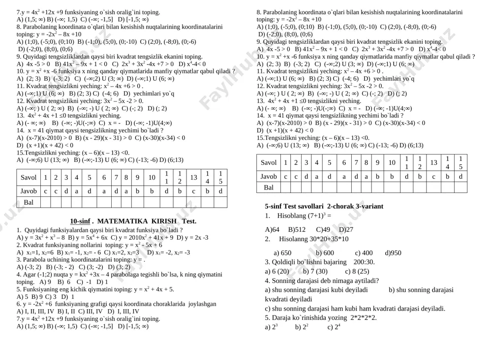 i ? a) (x-7)(x-2010) > 0 b) (x - 29)(x - 31) > 0 c) (x-30)(x-34) 0 b) 41x2 – 9x + 1 0 d) x4-4 0 . a) (-∞;1) u (6; ∞) b) (2; 3) c) (-4; 6) d) yechimlari yo`q 12. kvadrat tengsizlikni yeching: 3x2 – 5x -2 > 0. a) (-∞; ) u ( 2; ∞) b) (-∞; -) u ( 2; ∞) c) (-; 2) d) (; 2) 13. 4x2 + 4x +1 ≤0 tengsizlikni yeching. a) (- ∞; ∞) b) (-∞; -)u(-;∞) c) x = - d) (-∞; -1)u(4;∞) 14. x = 41 qiymat qaysi tengsizlikning yechimi bo`ladi ? a) (x-7)(x-2010) > 0 b) (x - 29)(x - 31) > 0 c) (x-30)(x-34) < 0 d) (x +1)(x + 42) < 0 15.tengsizlikni yeching: (x – 6)(x – 13) <0. a) (-∞;6) u (13; ∞) b) (-∞;-13) u (6; ∞) c) (-13; -6) d) (6;13) …