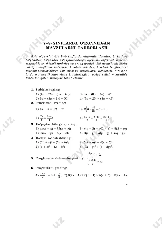 –2x2 , y = x2 – x, y = x2 – 5x + 6, xxy 2 123 +−= . i b o b . kvadrat funksiya ! 6 1 - m a s à l à . õ = –2, õ = 0, õ = 3 bo‘lganda ó(x) = x2 – 5x + 6 funksiyaning qiymatini toping. y(–2) = (–2)2 – 5 ∙ (–2) + 6 = 20; ó(0) = 02 – 5 ∙ 0 + 6 = 6; ó(3) = 32 – 5 ∙ 3 + 6 = 0. 2 - m à s a l a . x ning qanday qiymatlarida ó = x2 + 4x – 5 kvadrat funksiya: 1) 7 ga; 2) –9 ga; 3) –8 ga; 4) 0 ga teng qiymatni qabul qiladi? l) shartga ko‘ra x2 + 4x – 5 = 7. bu tenglamani yechib, quyidagini hosil qilamiz: x2 + 4x –12 = 0, …