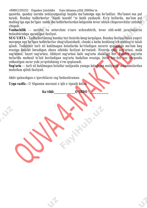 b topishingiz mumkin. ular mablag'larini "quruq" so'zga berishmaydi. siz o'z g'oyangizni qog'ozga tushirib, hisob-kitob qilib, haqiqatan foydali ekanligini isbotlashingiz kerak bo'ladi. bir so'z bilan aytganda, biznes reja tuzishingiz, uning muvaffaqiyatli bo'lishiga, avvalo, o'zingiz ishonch hosil qilishingiz va sheriklaringizni ham ishontirishingiz lozim. biznes reja, birinchi navbatda, tadbirkorning o'zi uchun muhim. biznes reja: korxonaning qisqacha tavsifi, ishlab chiqariladigan tovar yoki xizmatning tavsifi, ishlab chiqarishni tashkil qilish va boshqarish tamoyillari, ishlab chiqarish xarajatlari, tushum, rejalashtirilgan foyda va uning taqsimoti, ishlab chiqariladigan tovar yoki xizmat bozorining tahlili, yakuniy xulosalar kabi ma'lumotlardan iborat bo'limlardan tashkil topadi. biznes reja - biznes g'oyani amalga oshirish maqsadida qilinishi zarur bo'lgan, o'zaro muvoriqlashtirilgan xatti-harakatlar dasturi. tadbirkorlik faoliyati turlari tadbirkorlar deyarli hamma iqtisodiy faoliyat turlari bilan shug'llanishadi. tadbirkorlik toliyatining mazmunidan kelib chiqib, uni quyidagi turlarga ajratish mumkin: ishlab chiqarish; tijorat (savdo-sotiq); moliyaviy tadbirkorlik; vositachilik; sug'urta. ishlab chiqarish i -shlab chiqarish faoliyatiga asoslangan tadbirkorlikda ishlab chiqarishning tabiiy, kapital va mehnat omillari …