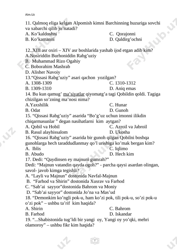 jon c. samarqand b. farg’ona d. hirot 4. “yoz fasli yor fasli…” sendek menga bir yori vafodor … g’azallarida boburning qaysi holati aks etgan? a. hayotsevarligi c. ishq azobi b. tushkunlik holati d. b va c 5. “boburnoma” da keltirilishicha andijonga nechta ariq suvi kirib turadi? a. 7 b. 8 c. 9 d. 10 6. “vasldin so’z derga yo’q yoro …..” tushib qolgan so’zni toping. a. yo qildi b. alam c. manga d. bor 7. bobur qaysi tillarda ijod qilgan? a. turk b. o’zbek va fors c. o’zbek d. fors 8. furqatning ijodida nechta ilmiy asar uchraydi? a. 2 ta b. 5 ta c. 3 ta d. 4 ta 9. ogahiy tarjima qilgan asarlar qatorini toping. a. “qobusnoma”, “haft paykar”, “shoh va gado” b. “shohidi lqbol”, “guliston” c. “ yusuf va zulayxo” ,“ gulshani davlat” d. “haft paykar”,” ta’viz ul- oshiqin”, “shoh va gado” 10. a. qodiriy qachon va qayerda …