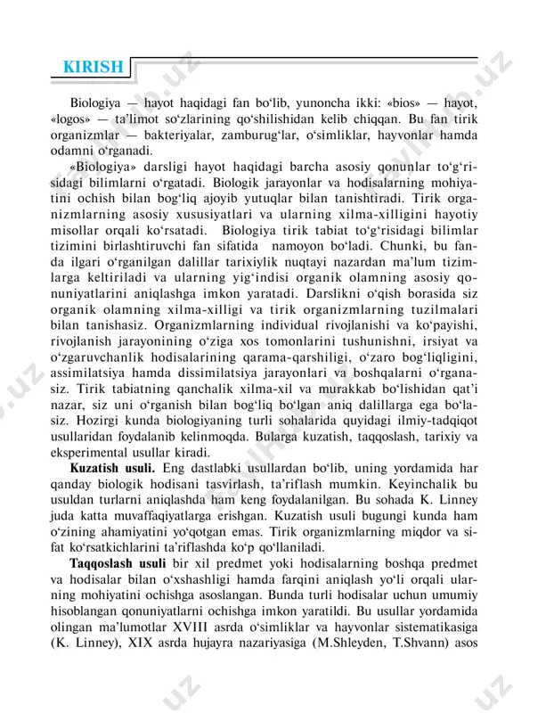 a qo‘llanishi ch. darvinning nomi bilan bog‘liq. bu usul biologiyada chuqur sifatiy o‘zgarishlarni vujudga kelishiga sabab bo‘ladi. tarixiy usul hayotiy hodisalarni o‘rganishning asosiga aylangan. chunki bu usul yordamida hozirgi zamon olamini va uning o‘tmishini ko‘rsatuvchi ma’lumotlar asosida tirik tabiatning rivojlanish jarayonlarini aniqlash mumkin. eksperimental yoki tajriba usuli biologiyada o‘rta asrlarda (abu ali ibn sino) boshlangan bo‘lsa, fizika va kimyo fanlarining ravnaqi tufayli xix— xx asrlardan keng qo‘llanila boshlandi. bugungi kunda yuqorida qayd qilingan usullar o‘rtasidagi farqni aniqlash qiyin. endilikda xalq xo‘jaligining deyarli barcha tarmoqlarida biologiya bilimlaridan keng foydalaniladi. kelajakda biologiyaning amaliy ahamiyati yanada ortib boradi. bu borada mikroorganizmlar, o‘simliklar, hayvon- larning yuqori mahsuldor navlari va zotlarini yaratish katta ahamiyat kasb etadi. shu bilan birga tabiiy boyliklardan oqilona foydalanish, tuproq unumdorligini saqlash va uni oshirish ham muhim o‘rinlarni egallaydi. irsiyat va o‘zgaruvchanlik qonunlarini yaxshi bilgan vatanimiz olim- lari qishloq xo‘jaligi sohasida juda katta yutuqlarni qo‘lga kiritmoqdalar. uy hayvonlarining yangi mahsuldor zotlarini …