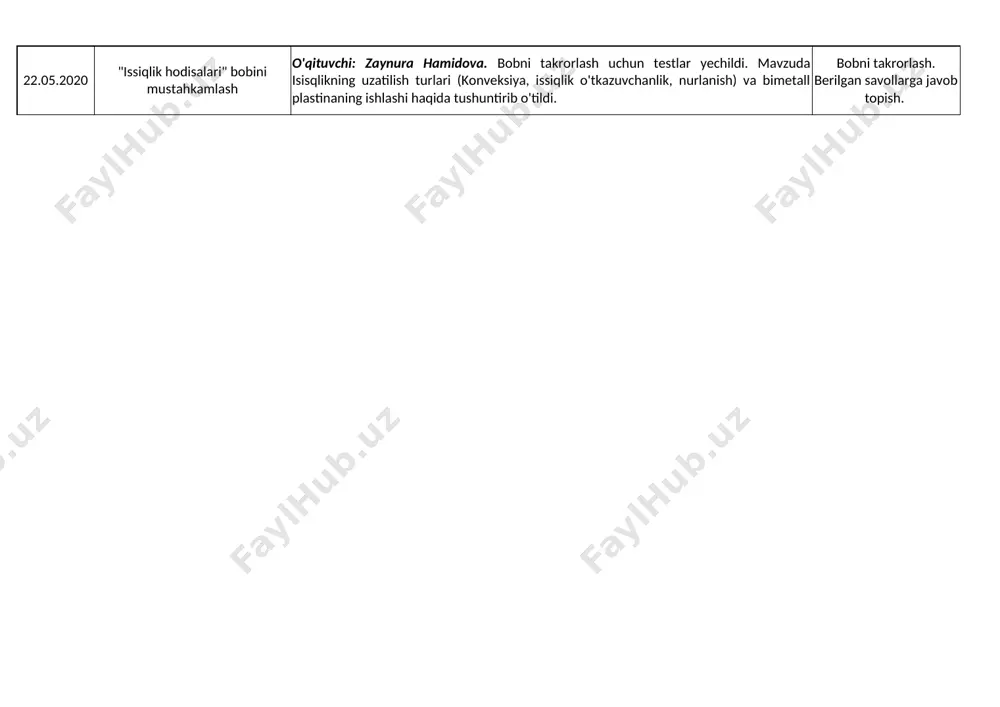 a'lumotlar berilib, 10-mashdan 1-3-masalalar ishlab ko`rsatildi. 1. mavzu oxiridagi savollarga javob yozish. 2.darslikdan bobni takrorlashga doir test topshiriqlarini yechish. 13.05.2020 "modda tuzilishi" va "mexanik hodisalar" bobini mustahkamlash o'qituvchi: zaynura hamidova. bobdagi har bir asosiy tushunchalarga alohida to'xtalib o'tildi. asosiy formulalar o'quvchilarga eslatib o'tildi. harakat turlarini tushuntirib o'tdi. bobga doir masalalar yechib ko'rsatildi. boblarni takrorlash. berilgan ikki masalani yechish 15.05.2020 "jismlarning muvozanati. oddiy mexanizmlar" bobini mustahkamlash o'qituvchi: zaynura hamidova. bobni takrorlash uchun testlar yechildi. muvozanat turlari tushuntirildi. oddiy mexanizmlar va uning turlari haqida ma'lumot berildi. mexanikaning oltin qoidasini hamda fik haqida tushuncha berildi. bobga doir masalalar yechib ko'rsatildi. bobni takrorlash. berilgan masalani yechish. rasmli topshiriqni ishlash 20.05.2020 stem ta'limidan foydalanib oddiy mexanizmlarga doir amaliy ko'nikmalarni rivojlantirish o'qituvchi: zaynura hamidova. ilk bor bu iborani fanga 1990 yilda amerikalik bakteriolog kiritishni taklif qildi. stem+art=steam. stem-chap miya yarim sharining funksiyalarini rivojlantirish. “art”- o`ng miya yarim shari funksiyalarini rivojlantirgan holda stemni to`ldirib boradi.stem-fan, texnika, muhandislik, …