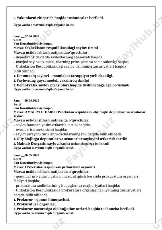 o`zbekiston respublikasi konstitutsiyasining ii bo`limi qaysi muammoga bag`ishlangan? a) insonning asosiy huquq va erkinliklariga b) inson va fuqarolarning asosiy huquqlari, erkinliklari va burchlari c) fuqarolarning burchlariga d) a, b, c javoblar to`g`ri 2. vijdon erkinligi- fuqoralarning quyidagi huquqlaridir a) istalgan dinga mansub bo`lish yoki hech qanday dinga e’tiqod qilmaslik b) istalgan mafkuraga ishonish yoki hech qanday mafkuraga ishonmaslik c) ish va yashash joyini tanlash erkinligi d) barcha javoblar to`g`ri 3. o`zbekiston respublikasida din va diniy tashkilotlar davlatdan ajratilgandir, bu narsa quyidagini anglatadi: a) davlatning bu tashkilotlar faoliyatiga aralashmasligini b) diniy tashkilotlar davlatning vazifalarini bajarmaydilar c) davlatda diniy tashkilotlar taqiqlangan d) hamma javoblar to`g`ri 4. konstitutsiyaga muvofiq respublikada fikrlash erkinligi cheklanganmi? a) yo`q b) ha, hukumat orgalarini tanqid qilish taqiqlangan c) ha, agar bu narsa davlat siridan iborat bo`lsa d) to’g`ri javoblar a va c 5. jinoiy javobgarlik qaysi yoshdan boshlanadi? a) 18 yoshdan b) 21 yoshdan c) 16 yoshdan, ayrim …
