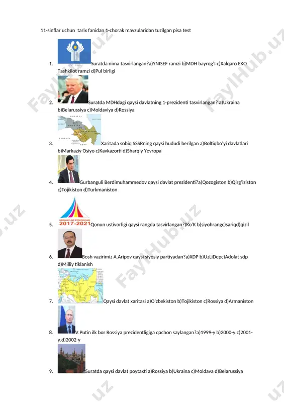 a)toshkent b)samarqand c)buxoro d)xiva 2. [image: 388px-von_kaufman_portrait]turkistonning 1-general gubernatori kim?a)skobelov b)kuropatkin c)kaufman d)chernyayev 3. [image: 250px-torjestvuyut]suratda rossiya qo’shinlari bosib olgan qaysi shahar harobasi aks etgan?a)samarqand b)buxoro c)xiva d)qo’qon 4. [image: ]suratda qaysi tarixiy shaxs berilgan?a)ogahiy b)a.donish c)munis d)berdaq 5. [image: ]asfandiyorxon qaysi davlat hukmdori a)qo’qon xoni b)buxoro amiri c)xiva xoni d)afg’on amiri 6. [image: a]qysi shahar xaritasi a)xiva b)toshkent c)qo’qon d)buxoro 7. [image: ]suratdagi obida qaysi shaharda joylashgan a)qo’qon b)xiva c)buxoro d)toshkent 8. [image: d:\bo'ka mahorat\tarixiy obidalar 2\eiffeltw.jpg]bu minora qayerda joylashgan ?a)berlin b)london c)parij d)jeneva 9. [image: ]suratdagi tarixiy shaxs kim a)germaniya kansleri o.bismark b)aqsh prezidenti c)rossiya imperatori nikolay ii .d)general chernyayev 10. [image: ]qaysi ibtidoiy dinga xos?a)animizm b)fetishizm c)totemizm d)shamonlik 11. [image: d:\bo'ka mahorat\toshkent manzaralari\toshkent\tashkent vid sverxu.jpg]to toshkentni nechta darvozasi bo’lgan?a)10 b)12 c)14 d)16 12. [image: d:\bo'ka mahorat\toshkent manzaralari\toshkent\108.gif] podsho rossiyasi 1868-yil qaysi shaharni bosib olgan? a)toshkent b)buxoro c)xiva d)samarqand 13. [image: d:\bo'ka mahorat\tarixiy obidalar 2\012 big ben, london.jpg] …