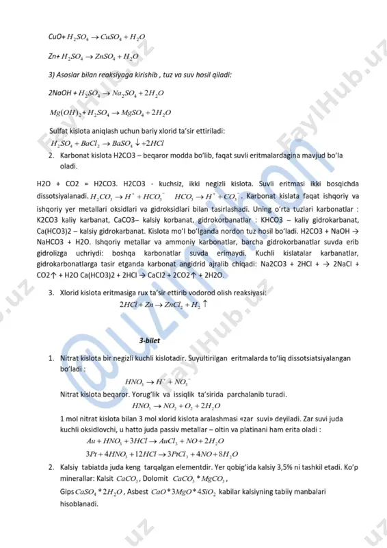 ng qo’llaniladi:kalsiy xlorid, kalsiy glyukanat kabilar shular jumlasidandir. 3. olinishi: naclohalnaohalcl 3)(3 33  kimyoviy xossalari:  43 )()( ohalkkohohal  ohalclhclohal 233 23)(  4-bilet 1. atomlarning umumiy elektron juftlari vositasida bog’lanishi kovalent bog’lanish deyiladi. kimyoviy bog’lanishda ishtirok etayotgan juft elektronlar shu elementning valetligini ham bildiradi: h:h – bir valentli atomlar o::o – ikki valentli atomlar kovalent bog’lanish 2 turga bo’linadi: 1)qutbli kovalent bog’lanish; 2)qutbsiz kovalent bog’lanish; elektrmanfiyligi bir xil bo’lgan atomlar orasidagi bog’lanish qutbsiz kovalent bog’lanish deyiladi. elektromanfiyliklari bir biridan biroz farq qiladigan atomlar orasida hosil bo’ladigan kimyoviy bog’lanish qutbli kovalent bog’lanish deyiladi. 2. xlorid kislota olinishi: sanotda xlorid kislota olish uchun vodorod gazi xlorda yondirilib, hosil bo’lgan vodorod xlorid suvda eritiladi. fizik xossalari:xlorid kislota rangsiz, o’tkir hidli suyuqlikdir. nam havoda tutaydi. kimyoviy xossalari: 1)metallarning faollik qatoridagi vodoroddan oldin turgan metallar bilan reaksiyaga kirishib tuz va vodorod hosil bo’ladi. zn+ 222 hznclhcl  fe+ 222 hfeclhcl  2) …