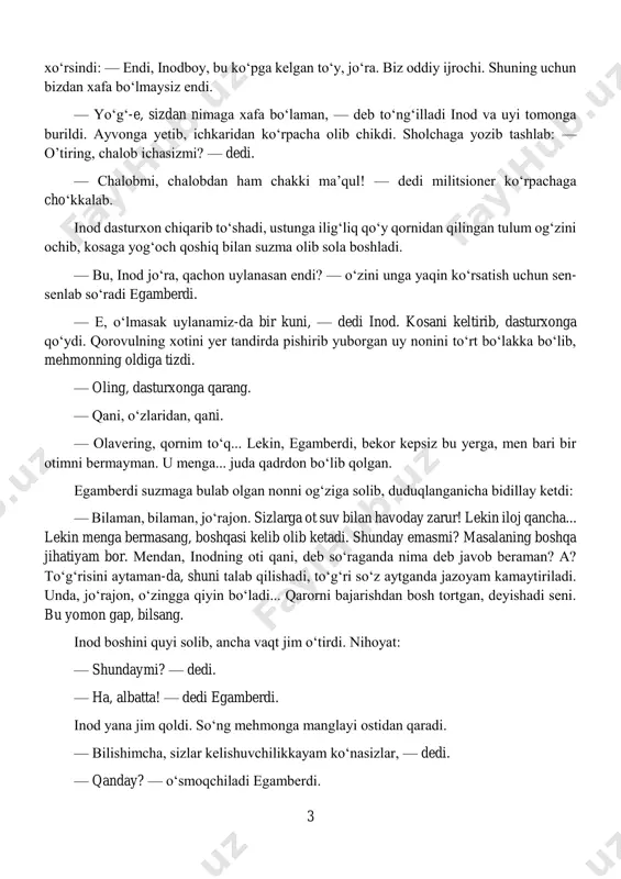 ing, deb so‘rashsa, biyasi yo‘q ekan, otini bera qoldi. buni almashtirish mumkin-ku deyman-da», deb o‘yladi. u bilardiki, qishloq qorovuli cho‘ponga qo‘shni, qishloqda esa inod muallimdan bo‘lak kishi yo‘q hisobi. aholisi bo‘z yerlarga ko‘chib ketgan. demak, bu xabarni qorovul chol inodga yetkazadi... inod peshayvonli uyi oldidagi bedapoyada yo‘ng‘ichqa o‘rardi. quyosh kunbotarga egilib, kunchiqardagi adirlar bag‘rini yoritar, soyning ham u yer-bu yeri yiltirar edi. nari sohildan to‘riq ot mingan shapkali, pogoni bor kishi pastlay boshladi. suvni kechib o‘tib, bu sohilga chiqib keldi. inod unga bir qaradi-da, ishidan qolmadi. egamberdi pakana jiydalarni oralab, bedapoya adog‘ida paydo bo‘ldi. — hov, salomatmi? qani bu, mehmon keldimi, demaysiz? — dedi. inod qaddini ko‘tarib turdi. o’roqni o‘rik tanasiga qattiq sanchib: — keling, — dedi do‘rillab. egamberdi to‘riqni jadal. haydab, o‘rik ostiga keldi, egardan sakrab tushib, tizgindan tutganicha chorbog‘ egasi tomon yo‘rg‘aladi. inod u bilan xomush ko‘rishdi. — qani, bu maza yo‘qmi? — dedi egamberdi kulib va tizginni …