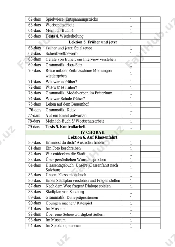 arbeit 1 99-dars wiederholung 1 100-dars fertigkeitentraining: hören und lesen 1 101-dars fertigkeitentraining: schreiben und sprechen 1 102-dars zusammenfassung 1