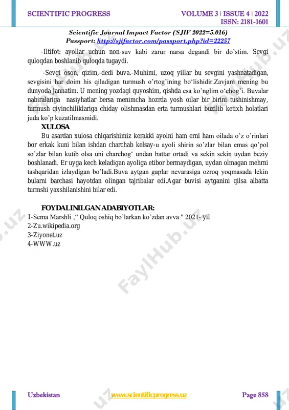 agi o‘zimga yoqqan joylarini tagiga chizib o‘qiganman hozir bularni sizga ham ulashaman.buvining nevarasiga tavsiyalari deb nomladim! -men sevgi deganda sevgilim bilan soatlab suhbatlashib,kulishib o‘tirishni tushinaman. -suhbatlashish, kulishish ham yaxshi, lekin bu bilan bo‘lmaydi. sevgi quloqda boshlanib, quloqda tugaydi,shuni unutma.quloqdan kirgan har bir so‘z yurakka etib boradi. - barcha erkaklar qahramon bo‘lishni istaydi. erkak uchun kuch va mavqe juda muhim turadi. hech qachon erkak bilan kuch sinasha ko‘rma. -ayiblash ham mumkin emas. erkaklar ayblanganda o’zlarini yetarli emasdek his qilishadi. -aslo unga buyruq ohsngda gapirma. erkaklar bundan nafratlanadilar - ko’z ham muhim, qizim. ayol kishining o‘ziga qarashi juda muhi, ammo quloqdan keying o‘rinda turadi. qanchadan -qancha go‘zal ayollarga ulardan xunukroq ayollar bilan xiyonat qilishadi, sira ko‘rganmisan? chunki o‘sha ayol erkak qulog‘iga nima deb shivirlashni biladigan ayoldir. -erkaklar ayollarning baland ovozda gapirishlarini yomon ko‘radi va nafratlanadi. -siz sira urshmaganmisiz? janjalsiz uy bo‘lmaydi. jahlim chiqqan vaqtda men ham gapiraman,lekin ovozimni ko‘tarmayman. -erkaklarning jahli to‘fonga …