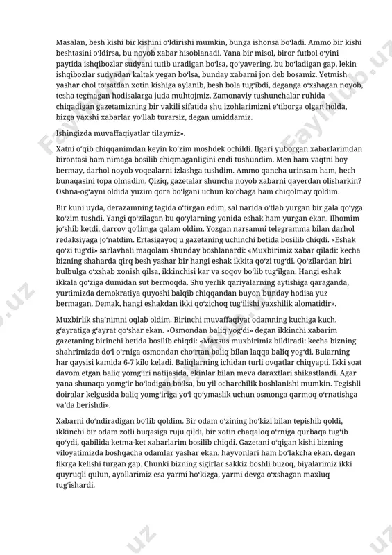 bilan kuzatib kelyapman», degan mazmunda xat yozib yubordim. shulardan bittasidan javob kelib qoldi. bu gazeta yangi tashkil qilinganligi uchun muxbirlarga muhtoj ekan. bizga muxbirlikka rozi bo‘lsangiz, bir dona suratingizni yuboring, deyishibdi. darhol rasmimni jo‘natdim. muxbirlik vasiqasi ham qo‘lga tegdi. do‘kondorlikni vaqtincha tark etib, muxbirlikka sho‘ng‘ib ketdim. muxbirlikni bir xotin qizil yarim oy jamiyatiga ellik ming lira hadya qilganini yozib yuborishdan boshladim. xabar gazetada chiqmadi. keyin bo‘lib o‘tgan futbol o‘yinlarini xabar qildim. unisiniyam berishmadi. jinoiy ishlardan yozdim, yo‘llar remont qilinganini bildirdim. anqaradan kattalar kelgani haqida xabar qildim — biror natija yo‘q. yozganlarimni goh telefonda beraman, goh telegramma qilaman yoki xat orqali jo‘natib turibman. bu yog‘ini so‘rasangiz, odamlarga «bizning narsani ertaga gazetada o‘qiysiz», deb qo‘yaman-da, chiqmaganidan keyin rosa sharmanda bo‘laman. qolaversa, ta’nalar ham ko‘payib ketdi: — hamidbey tomini bo‘yatibdi, darrov gazetaga xabar qil! — bakir afandining eshagi yo‘qolibdi, yozib chiq buni! bir kuni redaksiyadan xat oldim. xatning mazmuni shunday edi: «muhtaram muxbirimiz! …