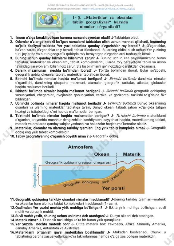 a,avstraliya,antarktida, amerika,yevropavaosiyogaajratilgan. 19.qit'aso'ziqandaytushuncha?j-qit’a—kishilikjamiyatiningtaraqqiyotidavomidatarkibtopgan tarixiy-madaniytushunchadir. 20.okeandebnimagaaytiladi?j-dunyookeaniningmateriklaroralig‘idagiqismlariokeandeyiladi. 21.dunyookeaninechaqismgabo'linadi?j-dunyookeanito‘rtqismgabo‘linadi:tinchokean(180 mlnkvkm),atlantikaokeani(91mlnkvkm),hindokeani(76mlnkvkm)vashimoliymuzokeani (14mlnkvkm). 22.olimlaryana qaysiokeanniham ajratadilar?j-olimlarbeshinchijanubiyokeanniham ajratadilar. 23.qaysiob'yektlarokeanningkichikqismlaridir?j-dengiz,qo‘ltiq,bo‘g‘izlarokeanlarningkichik qismlaridir. 24.qirg'oqchizig'idebnimagaaytiladi??-qirg‘oqchizig‘i.okeanyokidengizyuzasibilanquruqlik yuzasitutashganchegaraqirg‘oqchizig‘ideyiladi. 1.geografikxaritalarningtasnifi.geografikxaritalarg‘oyatko‘pvaxilma-xildir.xaritalarqanday maqsadlargamo'ljallanganbo'ladi?j— o'rganish,hisobgaolish,saqlashvaboshqamaqsadlar uchunmo‘ljallanganbo‘lishimumkin. 2.qandayhususiyatigaqarabxaritalarguruhlargaajratilishimumkin?j-xaritalartasvirlangan hududningkatta-kichikligiga,masshtabiga,mazmunigavako‘zdatutilganmaqsadigaqarab guruhlargaajratiladi. 3.tasvirlnganhududningkatta-kichikligigako‘ra,xaritalarqandayturlargabo'linadi?j-dunyova yarimsharlar,materiklarvaokeanlar,tabiiyo‘lkalar,mamlakatlar,viloyatlarvaboshqama’muriy birliklarxaritalarigabo‘linadi. 4.masshtabigako'raqandayguruhlargabo'linadi?j-masshtabigako‘ra:yirikmasshtabli(1:10000 dan 1:200000 gacha), o‘rta masshtabli(1:200000 dan 1:1000000 gacha), mayda masshtabli(1:1000000vaundanmayda)xaritalarbo‘ladi. 5.joyplaninituzishdaqandaymasshtabdanfoydalaniladi?j-joyplaninituzishdaham muayyan masshtabdan(1:5000vaundanyirik)foydalaniladi. 6.planqandayhududlaruchuntuziladi?j-lekinplankichikhududlaruchuntuziladi. 7.mazmuniga ko'ra xaritalar qanday turlarga bo'linadi? j-mazmuniga ko‘ra, xaritalar: umumgeografikvamavzulixaritalargabo‘linadi. 8.umumgeografik xaritalarda nimalaraks etadi? j-umumgeografik xaritalarhududl