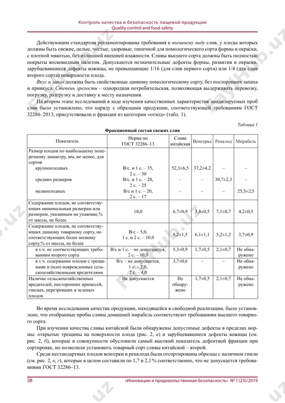 nificantly lower than the level found in the fruits of chinese plum and hungarian. the need for additional pre-sales preparation and sorting of the fruits of the hungarian and rencloid plums is identified, which will allow to increase not only the quality and safety of products, the culture of customer service, but also to extend the shelf life of commodity lots of fresh plums in general. plodi slivi obladayut garmonichnimi vkusovimi kachestvami i tsennim bioximicheskim sostavom: soderjat pochti vse essentsialnie makro- i mikroelementi (fosfor, natriy, magniy, kaltsiy, jele- zo, tsink, marganets, med), organicheskie kisloti, saxara, pishevie volokna. sliva xarakterizuetsya nevisokim soderjaniem vitamina s, predstavlyaet bolshuyu tsennost kak istochnik antioksidantov. obsheizvestni profilakticheskie svoystva plodov, kotorie dovolno davno ispolzuyutsya v narodnoy meditsine pri lechenii razlichnix zabolevaniy [1–4]. odnako kachestvo, bezopasnost i srok potreble- niya sochnix plodov ogranichivayutsya vliyaniem mikroorganizmov. problema povisheniya kachestva i obe- specheniya bezopasnosti pishevoy produktsii ne tolko aktualna, no …