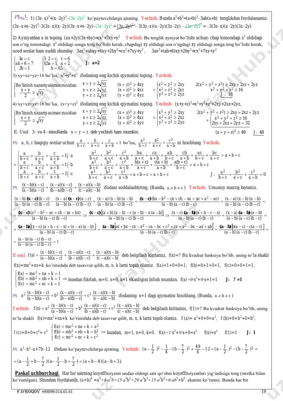 8b 4 c 6 y+16b 5 c 5 y 8 = –4b 4 c 5 y∙(7c–4by 7 ) f.o’roqov +99899.014.65.61 18 daraja va uning xossalari: a 0 =1, 5 0 =1 a 1 =a, 15 1 =15 a –n 2 2- 3 1 3 , 1  na , 4 9 3 2 -2       a m ∙a n =a m+n , 5 3 ∙5 6 =5 9 a m :a n =a m–n , 5 3 :5 10 =5 –7 (a m ) n =a m∙n , (3 4 ) 5 =3 20 (a∙b) m =a m ∙b m , (3∙2) 2 =3 2 ∙2 2 (a m ∙b n ) k =a mk ∙b nk , (3 –5 ∙2 3 ) –2 =3 10 ∙2 –6 4 44 8 3 8 3 ,           …