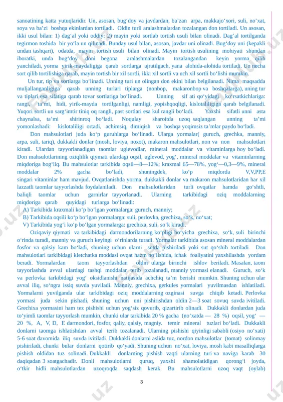 fartuk va qalpoq kiyish yoki oq ro‘mol o‘rab olish. 2. ovqatni tayyorlashga kirishishdan oldin qo‘llarni sovun bilan yuvish, tirnoqlar olingan bo‘lishi. 3. ovqat tayyorlashda imkon qadar yangi, sifatli mahsulotlardan foydalanish. 4. go‘shtga, baliqqa birlamchi ishlov berishda maxsus tamg‘alangan -“xg”, “xb” xtakach va pichoqlardan foydalanish. 5. ish o‘rnini tez-tez tozalash va har doim ozoda, pokiza saqlashga harakat qilish. 6. xona jixozlarining saranjomligi va ozodaligini ta’minlash. 7. toza idishlarni maxsus gigiyenik javonlarda saqlash. 8. chiqitlarni maxsus qopqoqli idishga solish o‘z vaqtida chiqarib tashlash. pazandachilik o‘quv xonasida quyidagi havfsizlik texnika qoidalarigq rioya qilish zarur: 1. ovqat tayyorlashni boshlashdan oldin ishlatiladigan elektr asboblari va jihozlarining sozligini tekshirish. 2. elektr jihozlarini tok manbaiga ulashda qo‘l quruq bo‘lishi. 3. go‘sht qiymalagichda ishlashda unga mahsulotni maxsus moslama bilan surish. 4. pichoqni boshqa kishiga dasta tomoni bilai uzatish. 5. kastryulka yoki qozonda suyuklik qaynatishda suyuqlikni to‘ldirib solmaslik. 6. suyuqlik qaynab turgan idishning qopqog‘ini o‘zidan teskari tomonga qaratib ochish. …