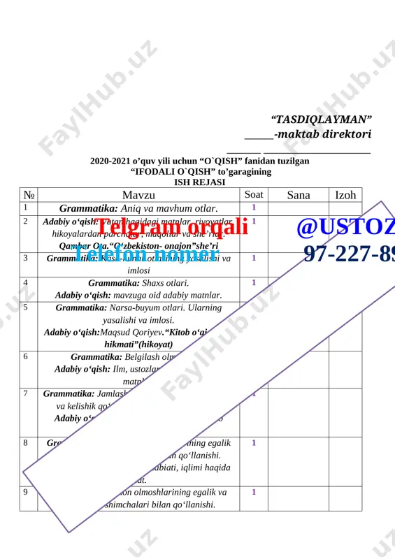 matnlar, rivoyatlar. 1 23 grammatika: uzoq o‘tgan zamon fe’llarining bo‘lishsiz shakllari. adabiy o‘qish: matluba qosimova “uyg‘onish” hikoyasi 1 24 grammatika: o‘tgan zamon davom fe’li. adabiy o‘qish: “ulug‘ bobomiz” she’ri 1 25 grammatika: o‘tgan zamon davom fe’li. ularning bo‘lishsiz shakli. adabiy o‘qish: mirzo ulug‘bek hayoti va faoliyati bilan bog‘liq adabiy matn 1 26 grammatika: o‘tgan zamon hikoya fe’li.uning tuslanishi va bo‘li shsiz shakli.telgram orqali @ustoz4 telefon nomer 97-227-89-26 adabiy o‘qish: xotira kuni, xotira va qadrlashga oid adabiy matnlar. 1 27 grammatika: hozirgi zamon fe’llarining tuslanishi. ularning bo‘lishsiz shakllari. adabiy o‘qish: shahrimiz bilan bog‘liq ma’lumotlar, adabiy matnlar, maqollar va she’rlar. 1 28 grammatika: kelasi zamon fe’llarining tuslanishi. ularning bo‘lishsiz shakllari. adabiy o‘qish: mavzuga oid adabiy matnlar temur ubaydullo. “yoz chorlaydi bag‘riga” she’ri 1 29 poytaxtim - faxrim 1 30 so‘zlarning tuzilishiga ko‘ra turlari. sodda yasama so‘zlar 1 31 ilyos yunusov. “toshkentim” she’ri 1 32 mahallam 1 33 so‘z yasovchi qo‘shimchalar, ularning so‘zga …
