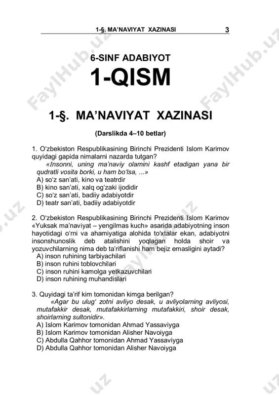 rini mashinistkalarga diktovka qilganman…» a) hamid olimjonning b) said ahmadning c) usmon nosirning d) abdulla qahhorning 2. g‘afur g‘ulomning «shum bola» qissasi yozib bitirilmasdanoq, bobma-bob qaysi jurnalda e’lon qilinib turilgan? a) «amudaryo» jurnalida b) «mushtum» jurnalida c) «fan va turmush» jurnalida d) «yosh kuch» jurnalida 3. quyidagi fikrlar muallifi kim? «g‘afur aka meni ishga buyurib, qochib qolishini bilib turibman. muharram opa: «hushyor bo‘ling, akangiz mirza abdulla aka bilan allaqayoqqa ketishmoqchi», – deb aytib qo‘ygan edi. nima qilishimni bilmay qoldim. hovliga chiqsam, jo‘raxon shimini cho‘tkalayotgan ekan. jon uka, bitta papiros opkelib bering, – deb yalindim. jo‘raxon pulni olib zing‘illagancha ketdi. u mirza abdulla akaning o‘g‘li fatxullaning velosipedida ketgan ekan, birpasda papirosni olib keldi. g‘afur aka endi hech qanday bahona topolmay qoldi». a) mirtemir b) abdulla qahhor c) oybek d) said ahmad 6 . 2-§. g‘afur g‘ulom 4. g‘afur g‘ulomning «sog‘inish» she’ri kimga bag‘ishlab yozilgan? a) frontda halok bo‘lgan o‘g‘li jo‘raxonga b) …