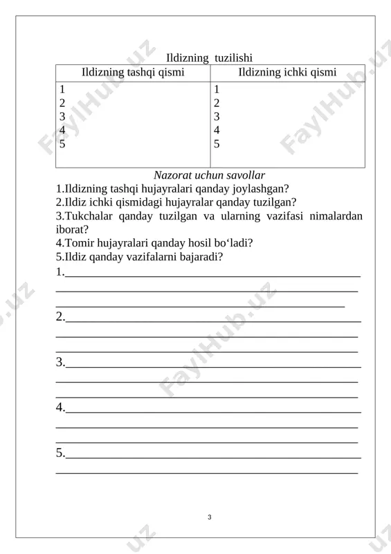 k. 6,mikroskopning okulyari 15x bo'lib,obyektivi 40x bo’lsa,buyumni necha marta kattalashtirib ko'rsatadi.a.400. b.500. c.600. d.55 7.plastidalarning necha xil turi ma’lum. a.2 xil. b.3 xil. c.4xil. d.5xil 8.qaysi to’qimaning eng muhim funksiyasi fotosintez jarayonini amalga oshirishdan iborat. a.asosiy. b.mexanik. c.qoplovchi.d.jamg’aruvchi. 9.hujayraning muhim tarkibiy qismi mag'iz ekanligi kim tomonidan kashf etilgan. a.r guk. b.r broun. c.stelutti. d.levenguk. 10. o’zbekistonda o’sadigan o’simliklarning ko’pchiligini qanday o’simliklar tashkil etadi. a.1 yillik. b.ikki yillik. c.ko’p yillik. d.daraxt. 11 .qaysi o'simlikning yon ildizlari atrofga 20-30 metrga tarqaladi. a.juzg'in. b.yong’oq. c.yantoq. d.terak. 12.ildizning uchki qismini nima o’rab turadi. a.ildiz tukchalari. b.ildiz qinchasi c.ildiz naychalari, d.barchasi 13.qaysi o’simlikning ildizi 30 metr chuqurga kirib boradi. a.juzg'in. b.yong'oq. c.yantoq. d.tut. 14.ildiz tizimi qanday ildizlardan tashkil topgan. a.asosiy,yon, qo’shimcha. b.yon,qo’shimcha. c.o'q ildiz.popuk iidiz. d.ildizmevalar. 15.tuzilishiga ko’ra ildiz tizimi qanday turlarga bo’linadi. a.asosiy yon qo’shimcha. b.yon,qo’shimcha. c.o'q ildiz.popuk ildiz. d.havo ildizlari,yon ildiz. l6.qaysi o'simliklar o’q ildiz tizimiga ega. a.o’rik olma na’matak. b.bug’doy,makkajo’xori. c.lavlagi,bug’doy,turp. d.pomidor,piyoz,sabzi. …