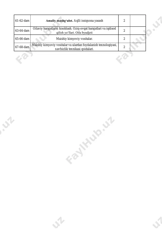 klarni tuzatish 2 2 61-62-dars amaliy mashg‘ulot. aqlli issiqxona yasash 2 63-64-dars oilaviy harajatlarni hisoblash. oziq-ovqat harajatlari va iqdisod qilish yoʻllari. oila byudjeti 2 65-66-dars maishiy kimyoviy vositalar. 2 67-68-dars maishiy kimyoviy vositalar va ulardan foydalanish texnologiyasi, xavfsizlik texnikasi qoidalari. 2