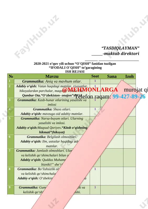 ika: yaqin o‘tgan zamon fe’llari, tuslanishi. adabiy o‘qish: navro‘z bayrami va udumlari bilan bog‘liq adabiy matnlar, rivoyatlar. 1 23 grammatika: uzoq o‘tgan zamon fe’llarining bo‘lishsiz shakllari. adabiy o‘qish: matluba qosimova “uyg‘onish” hikoyasi 1 24 grammatika: o‘tgan zamon davom fe’li. adabiy o‘qish: “ulug‘ bobomiz” she’ri 1 25 grammatika: o‘tgan zamon davom fe’li. ularning bo‘lishsiz shakli. adabiy o‘qish: mirzo ulug‘bek hayoti va faoliyati bilan bog‘liq adabiy matn 1 26 grammatika: o‘tgan zamon hikoya fe’li.uning tuslanishi va bo‘lishsiz shakli. adabiy o‘qish: xotira kuni, xotira va qadrlashga oid adabiy matnlar. 1 27 grammatika: hozirgi zamon fe’llarining tuslanishi. ularning bo‘lishsiz shakllari. adabiy o‘qish: shahrimiz bilan bog‘liq ma’lumotlar, adabiy matnlar, maqollar va she’rlar.@mehmonlarga murojat qiling telefon raqam: 99-427-89-26 1 28 grammatika: kelasi zamon fe’llarining tuslanishi. ularning bo‘lishsiz shakllari. adabiy o‘qish: mavzuga oid adabiy matnlar temur ubaydullo. “yoz chorlaydi bag‘riga” she’ri 1 29 poytaxtim - faxrim 1 30 so‘zlarning tuzilishiga ko‘ra turlari. sodda yasama so‘zlar 1 31 …