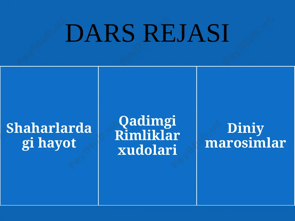 zi sifatidagi shar bilan birga tasvirlashgan. rimning qasos va intiqom ilohalari bo'lmish furiyalar yovuz, qasoskor ayollar siymosida tasvirlan­gan. ibodatxonada rimning bosh xudosi yupiterning ulkan haykali o'rnatilgan. ibodatxona yonida altar — qurbonlik baxshida etiladigan ko'tarma joy bo'lgan. odatda ho'kizlar, qo'ylar, cho'chqalar yoki echkilar qurbonlik qilingan. diniy marosimlar diniy marosimlar qat'iy belgilangan qoidalar bo'yicha o'tkazilgan. diniy marosimlar o'tkazilishi ustidan kohinlar — pontifiklar— rim ruhoniylari nazorat qilgan. pontifiklar bayramlar taqvimi, maro­simlar tantanalari tartibini tuzishardi. 5 nafardan 15 nafargacha ruhoniylar jamlangan pontifiklar hay'atiga buyuk pontifik rahbarlik qilar edi. buyuk pontifik xu­dolar bilan maslahatlashib olib, uzil-kesil xulosa beradi, deb hisoblashgan. rimliklar barcha muhim ishlarni fol ochishdan boshlashgan. fol ochish kohinlar — avgurlar yordamida amalga oshirilgan. avgurlar qushlar parvoziga, momaqaldiroq, chaqmoq, muqaddas qushlarga sepilgan donlar, aks sadoga va hokazolarga qarab fol ochar edi. mabodo alomatlar ko'ngildagidek bo'lmasa, ishlar ma'lum muddatga kechiktirilar edi. xonadon o'chog'i ilohasi vesta ibodatxonasida muqaddas olov saqlanar edi. muqaddas olovni saqlash ayol kohinalar …