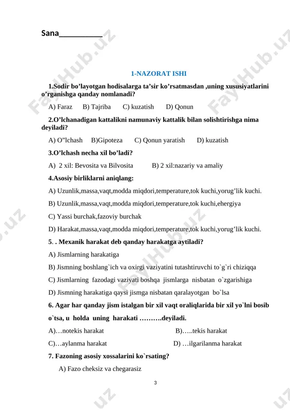 yerdan 10000 m balandlikda 900 km/soat tezlik bilan uchib ketayotgan samolyotning to’liq energiyasini toping. samolyot massasi 30000 kg. 2-qator 1.hajmi 2 litr bo’lgan idishga qancha o’simlik yig’i sigadi. 2.massasi 10 gr bo’lgan yaproq daraxtdan uzilib,0,3 m/s tezlanish bilan yerga tushmoqda.yaproqning og’irlik kuchini va og’irligini toping. 3.daraxtning shohida o’tirgan ,massasi 5 kg bo’lgan burgutning potensial energiyasi 0,4 kj bo’lsa,u qanday balandlikda turibdi? · _______________________________________________________________ sana__________ 4-nazorat ishi 1.jismning inertlik xossasini xarakterlovchi fizik kattalik … deyiladi/uning o’lchov birligi … . a) massa,kg b) zichlik,kg/m c) kuch,n d) bosim,pa 2.kuch deb nimaga aytiladi? a) jismlarning o’zaro ta’sirini xarakterlovchi fizik kattalikka. b) jismlarning inertligini xarakterlovchi fizik kattalikka. c) jismlarning yerga tortilishini xarakterlovchi fizik kattalikka. d) jismlarni harakatiga qarshilik qiluvchi fizik kattalikka. 3.og’irlik kuchi formulasini toping. a) f=mg b) p=f/s c) a=mgh d)e=mgh 4. atmosfera bosimini birinchi bo’lib o’lchagan olim kim? a)o.gerike b) torrichelli c_ i.nyuton d) j.uaat 5.mexanik ish qanday formula bilan xisoblanadi? a) …