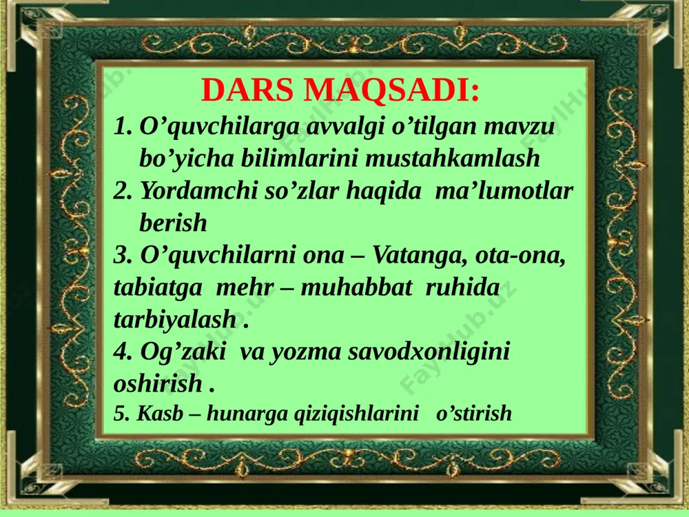 di ? 6 – o’quvchi: qanday?, qancha?, qachon? singari so’roqlariga javob bo’lib, harakatning holati, daraja – miqdorini bildirgan so’zlar ravish deyiladi . ko’p : ko’p o’zi bo’lar ravish turi daraja – miqdor ko’p o’qisang o’rtoqjon “ besh ” bahong bo’lur bisyor yordamchi so’zlar atash ma’nosiga ega bo’lmagan, ma’lum so’roqqa javob bo’lmaydigan, gap bo’lagi vazifasida kelmaydigan so’zlar yordamchi so’zlar hisoblanadi. yordamchi so’zlar mustaqil so’zlarni yoki gaplarni bir-biriga bog’lash, ularning ma’nolariga qo’shimcha ma’no yuklash vazifalarini bajaradi. yordamchi so’zlarga ko’makchi, bog’lovchi va yuklamalar kiradi. bog’lovchi deb nimaga aytiladi ? uyushuq bo’laklarni va qo’shma gap tarkibidagi soda gaplarni bir – biriga bog’lash uchun xizmat qiladigan yordamchi so’zlar bog’lovchi sanladi . goh – bog’lovchidir o’zi goh yodingda tutgin o’rtoq so’zni , gapni bog’laydi xizmati buyuk har chog sinf 3 ta guruhga ajratiladi 1 – guruh : “ammo ” 2 – guruh : “lekin ” 3 – guruh : “ va ” boglovchisi qatnashgan 2 tadan …