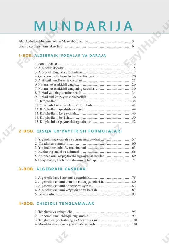 i......................................................................95 2. bir noma’lumli chiziqli tenglamalar....................................................97 3. tenglamalar yechishning al-xorazmiy usuli.......................................101 4. masalalarni tenglama yordamida yechish............................................104 m u n d a r i j a 7-sinf “algebra” darsligi uchun taʼlimiy oʻyinlar 7-sinf “algebra” darsligi uchun videodarslar 5-bob. chiz iql i funksiya 1. dekart koordinatalar sistemasi .........................................................112 2. funksiya tushunchasi.........................................................................115 3. chiziqli funksiya................................................................................120 4. loyiha ishi.........................................................................................128 6-bob. chiz iql i tengl amal ar s istemasi 1.chiziqli tenglamalar sistemasi............................................................131 2. chiziqli tenglamalar sistemasini yechish usullari..............................135 3. chiziqli tenglamalar sistemasi yordamida masalalar yechish............143 7-bob. ma’lumotl ar b il an ishl ash 1. kombinatorikaning asosiy qoidalari..................................................146 2. kombinatorik masala turlari ..............................................................150 3. kombinatorik masalalar yechish usullari ...........................................156 takrorlash........................................................................................................160 qoʻshimcha topshiriqlar...........................................................................173 xalqaro baholash dasturiga oid topshiriqlar..........................183 mantiqiy topshiriqlar.................................................................................187 matematik atamalar.............................................................................