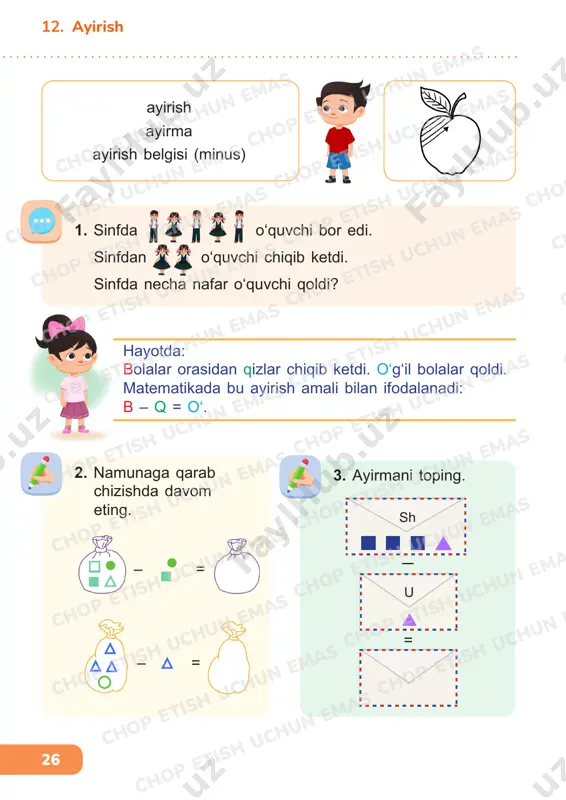 hop e chop e 29 13. sonlarni taqqoslash 3. likopchada nechta olma bo‘lsa, savatchada ham shuncha olma chizing. yashikda esa savatchadagidan kam olma bo‘lsin, lekin 1 ta emas. shuncha kam, lekin 1 ta emas. shakli rangi o‘lchami 4. guruhlarga ajrating va taqqoslang. 5. qatorlarni davom ettiring. 6. amir 7 ta, lola esa 4 ta olma terdi. bolalar tergan olmalarni ko‘rsatilgan joyga chizing. kim ko‘p va nechta ko‘p olma terdi? amir lola tish uchun emas tish uchun emas chop etish uchun emas chop etish uchun emas chop etish uchun emas chop etish uchun emas chop etish uchun emas chop etish uchun emas chop etish uchun emas chop etish uchun emas chop etish uchun emas chop etish uchun emas chop etish uchun emas chop etish uchun emas chop etish uchun emas chop etish uchun emas chop etish uchun emas chop etish uchun emas chop etish uchun chop etish uchun emas chop etish …