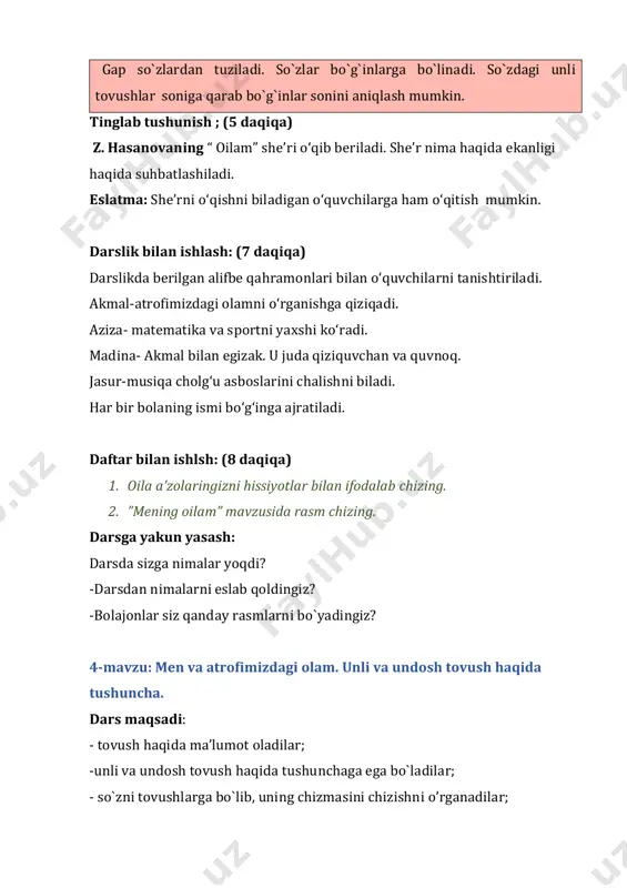 hilar o`z ismlarini eshitganlarida esa men deb jpulariga o`tiradilar. asosiy qism (40 daqiqa) 1.amaliy topshiriq bajarish: (5 daqiqa) o`qituvchi uchta narsa tovushini bolalarga eshittiradi va uni rasm bilan ifodalashni so`raydi. (chapak, kulgu, kitobni varoqlash) qog`ozga eshitgan tovushlarni rasm bilan ifodalang. amaliy topshiriqni muhokama qilish: • ovozni qanday rasmlar bilan tasvirladingiz? • o`rtog`ingiz chizgan rasmlar siznikiga o`xshaydimi? • kim chizgan rasm to`g`ri deb o`yladingiz? javoblar xulosalanib, yangi mavzu tushuntiriladi 2.mavzuni tushuntirish: (10 daqiqa) o`qituvchi bir necha narsaning ovozini eshittiradi va uni bolalardan so`raydi. masalan: suvning shildirashi, oyoq tovushi, musiqa ohangi, mashina ovozi ……. ularni tovush ekanligini va uni biz quloqlarimiz orqali eshitishimizni aytib o`tadi. bular musiqa va tabiatdagi buyum va narsalarning harakatlanishidan chiqadigan ovoz. hatto hayvonlar ham ovoz chiqaradilar. rasmlarni kuzatadilar va rasmda ifodalangan harakatlardan qanday ovoz chiqishi so‘raladi. ular haqida suhbat o‘tkaziladi. -mana, biz qaysi tilda gaplashamiz? -ha, to`g`ri o`zbek tilida gaplashamiz. -do`stlaringiz orasida qanday tilda gaplashadiganlarini uchratasiz. (rus, tojik, …