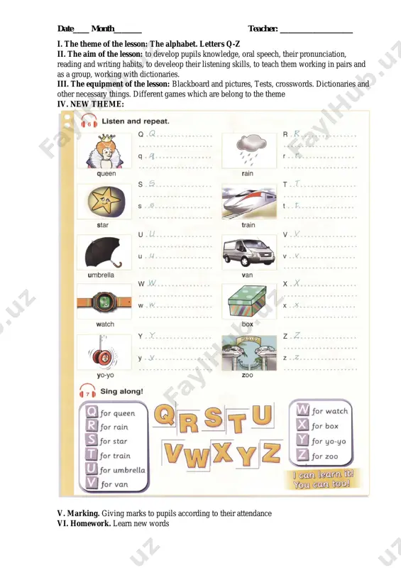 nt of the lesson: blackboard and pictures, tests, crosswords. dictionaries and other necessary things. different games which are belong to the theme iv. new theme: v. marking. giving marks to pupils according to their attendance vi. homework. learn new words date____ month_______ teacher: __________________ i. the theme of the lesson: animals ii. the aim of the lesson: to develop pupils knowledge, oral speech, their pronunciation, reading and writing habits, to develeop their listening skills, to teach them working in pairs and as a group, working with dictionaries. iii. the equipment of the lesson: blackboard and pictures, tests, crosswords. dictionaries and other necessary things. different games which are belong to the theme iv. new theme: v. marking. giving marks to pupils according to their attendance vi. homework. learn new words date____ month_______ teacher: __________________ i. the theme of the lesson: fruits ii. the aim of the lesson: to develop pupils knowledge, …