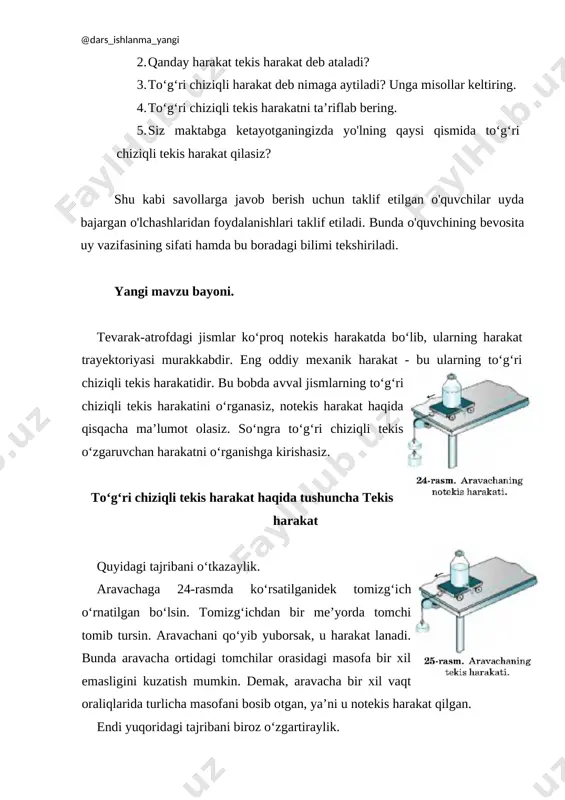 a- kati esa poyezdnikidan ham tezdir (26-rasm). [image: image6] vaqt birligida bosib o‘tilgan yo‘lga teng bo‘lgan kattalik tezlik/ deb ataladi. b-sinf fizika darslaridan jismning bosib o‘tgan yo‘li s, shu yo‘lni bosib o‘tishiga ketgan vaqt t, tezlik v bilan belgilanishini bilasiz. shularga asosan tezlik formulasi quyidagieha ifodalangan edi: [image: image8] jismning tekis harakatidagi tezligi jism bosib o‘tgan yo‘lning shu yo‘lni bosib o‘tish uchun ketgan vaqtga nisbati bilan aniqlanadi. yuqorida keltirilgan misolda odam tezligi v0 = 5 km/soat, velosiped tezligi v= = 30 km/soat, avtomobil tezligi va = 90 km/soat, poyezd tezligi vp = 150 km/soat, samolyot tezligi esa os = 900 km/soat. harakat to‘g‘ri chiziqli bo‘lganda ko‘chish son jihatdan bosib o‘tilgan yo‘lga teng bo‘ladi. u holda to‘g‘ri chiziqli tekis harakat tezligining vektor ko‘rinishdagi ifodasi quyidagieha bo‘ladi: [image: image9] ko‘chish vektor kattalik bo‘lganligi uchun tezlik ham vektor kattalik- dir, tezlikning yo‘nalishi harakat yo‘nalishida bo‘ladi. tezlikning birligi xalqaro birliklar sistemasida uzunlik (yo‘l) birligi …